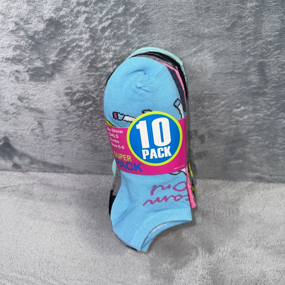 Girls No Show Socks 10 Pairs Size 6-8 Multicolor Graphic Novelty NEW